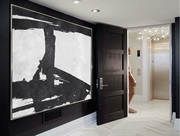 Acrylic Painting On Canvas,Hand Painted Oversized Horizontal Minimal Art On Canvas, Black And White Minimalist Painting - Extra Large Canvas Painting